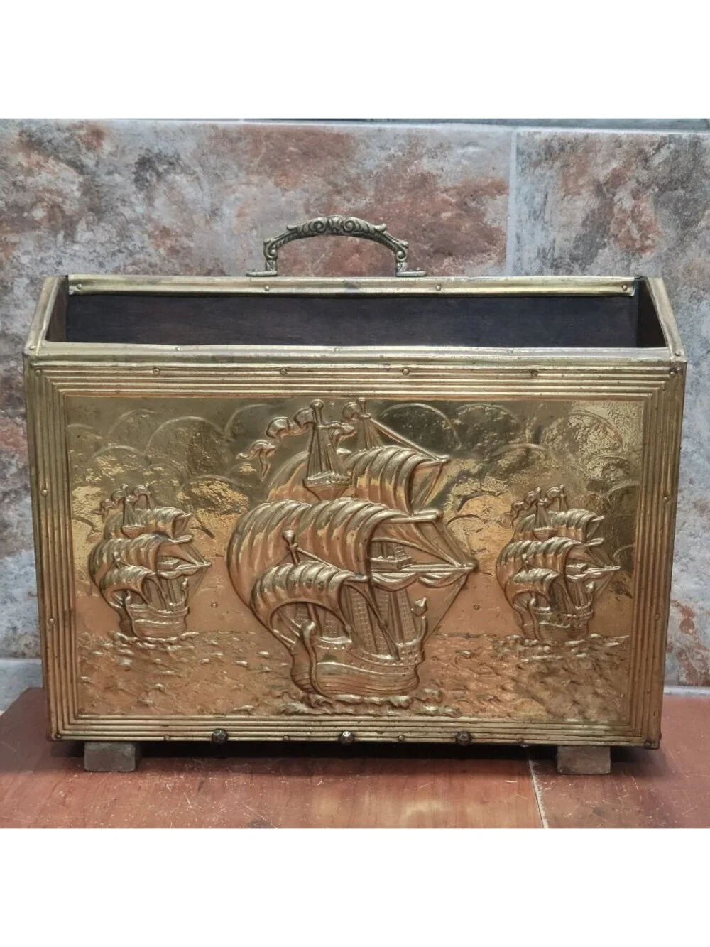 Antique Embossed Brass Fireplace Coal Box Magazine Bin Sailing Ships Vintage